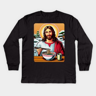 Jesus Christ Eating Ramen Drinking Matcha Japanese Garden White Christmas Kids Long Sleeve T-Shirt